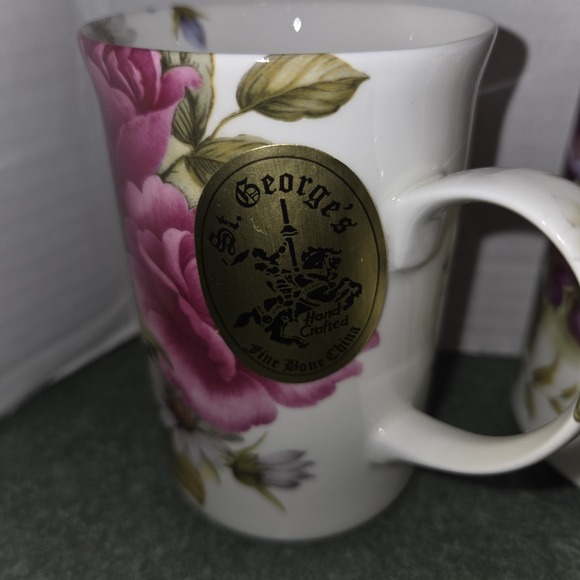 St George ENGLAND fine bone china floral coffee tea mugs cups 10 oz Set Of 4 - Picture 5 of 11